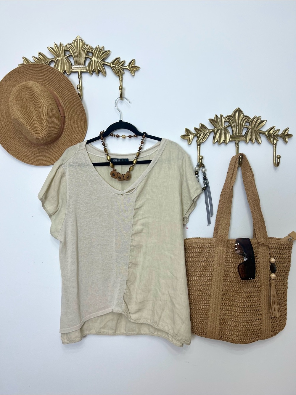 100% linen Natural Beige Split-Panel Women’s Short Sleeve Top XL